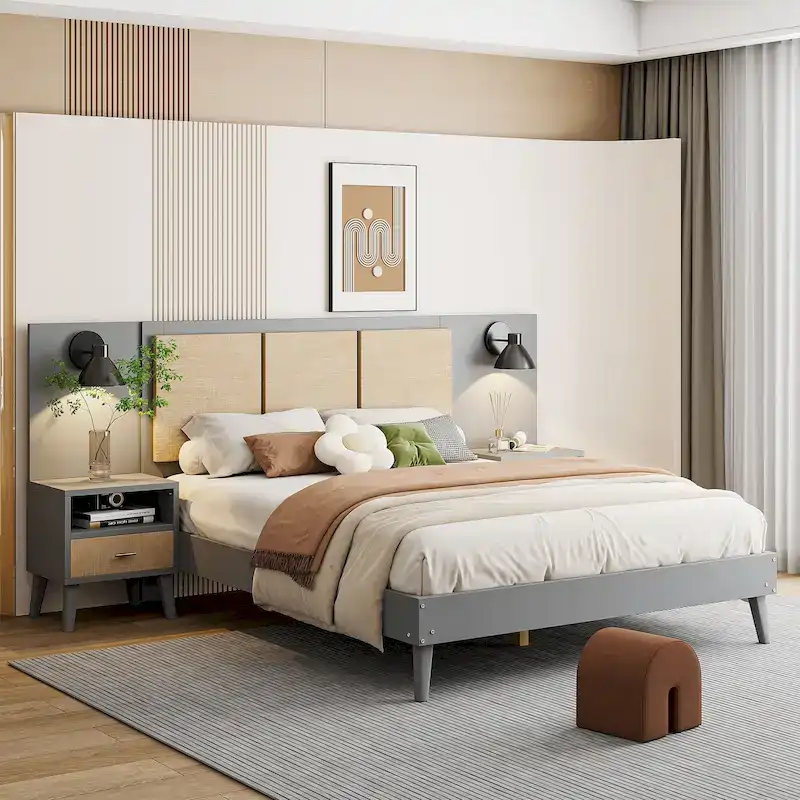 Queen Solid Wood Platform Bed with Nightstands & Headboard Lamps