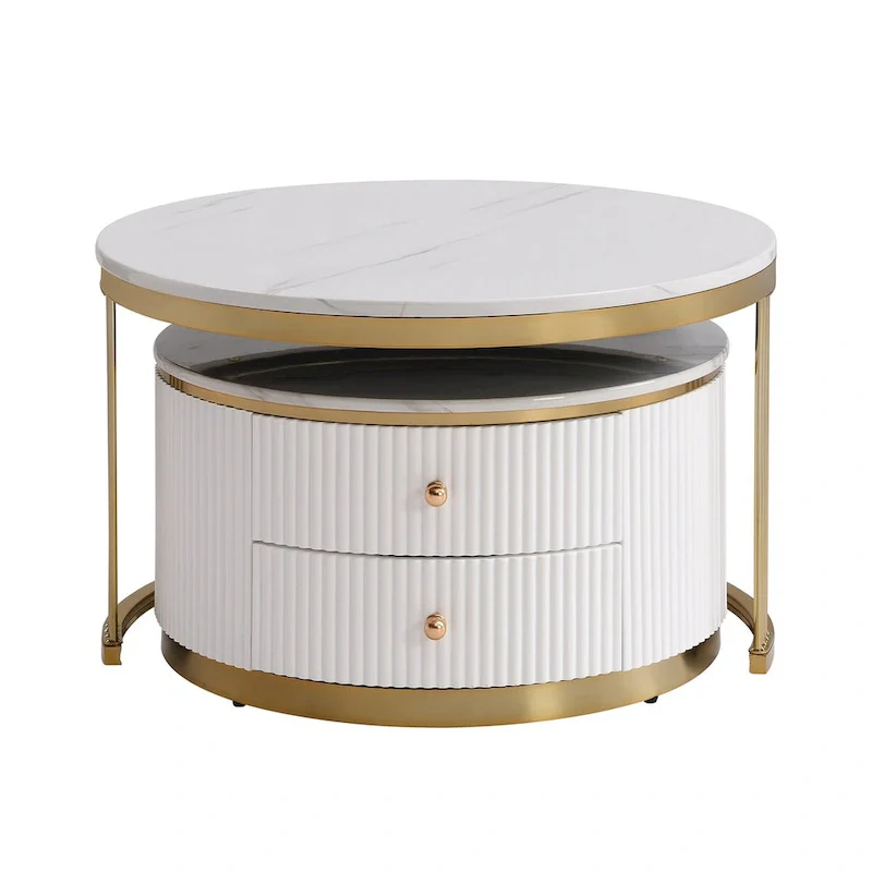 2 Pieces White Round Nesting Coffee Table with Drawers