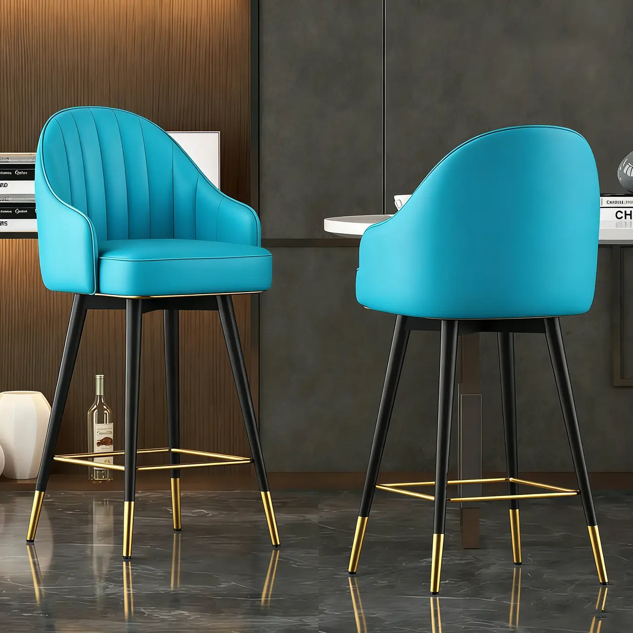 Art Deco Leather Bucket Cushioned Bar Stool