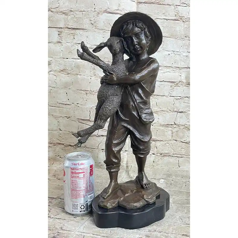 Little Boy In Hat Holding Lamb Sheep Bronze Statue Sculpture Figure Clical Decor 15 Inches X 7 Inches