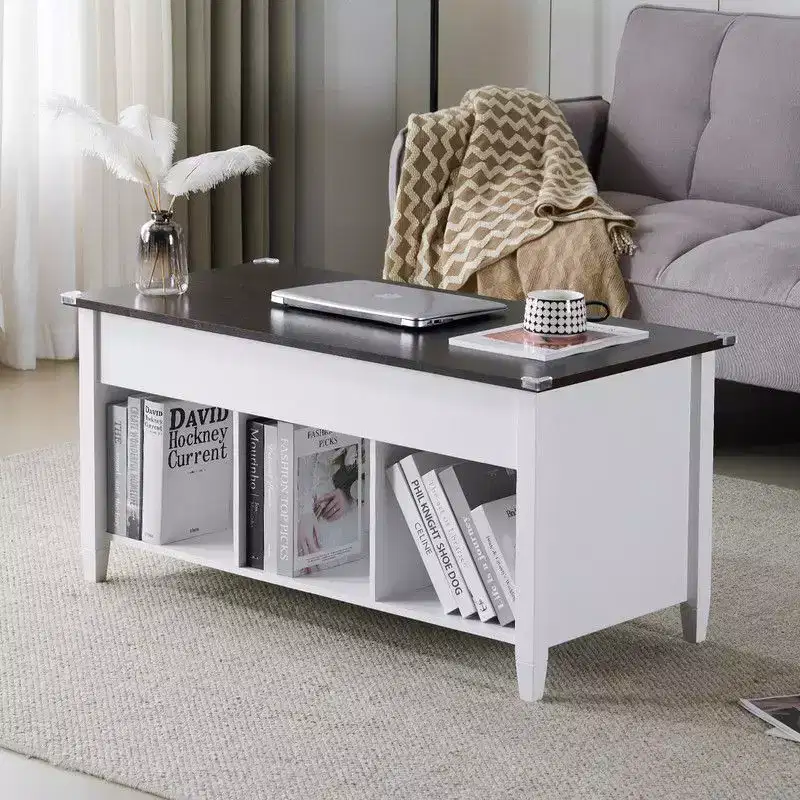 Adjustable Solid Wood Leg Double-Layer White Frame, Light Brown Panel with Wood Grain Finish, Rectangular P2 Board Coffee Table