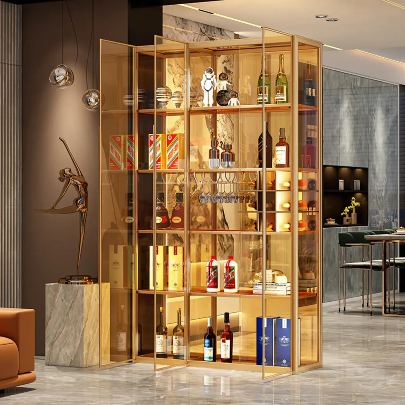 Luxury Multi-Layer Tan Glass Curio Cabinet with Light