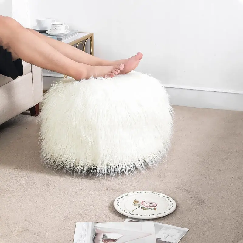 Adeco Unstuffed Ottoman Round Pouf Cushion Covers Faux Fur Foot Stool