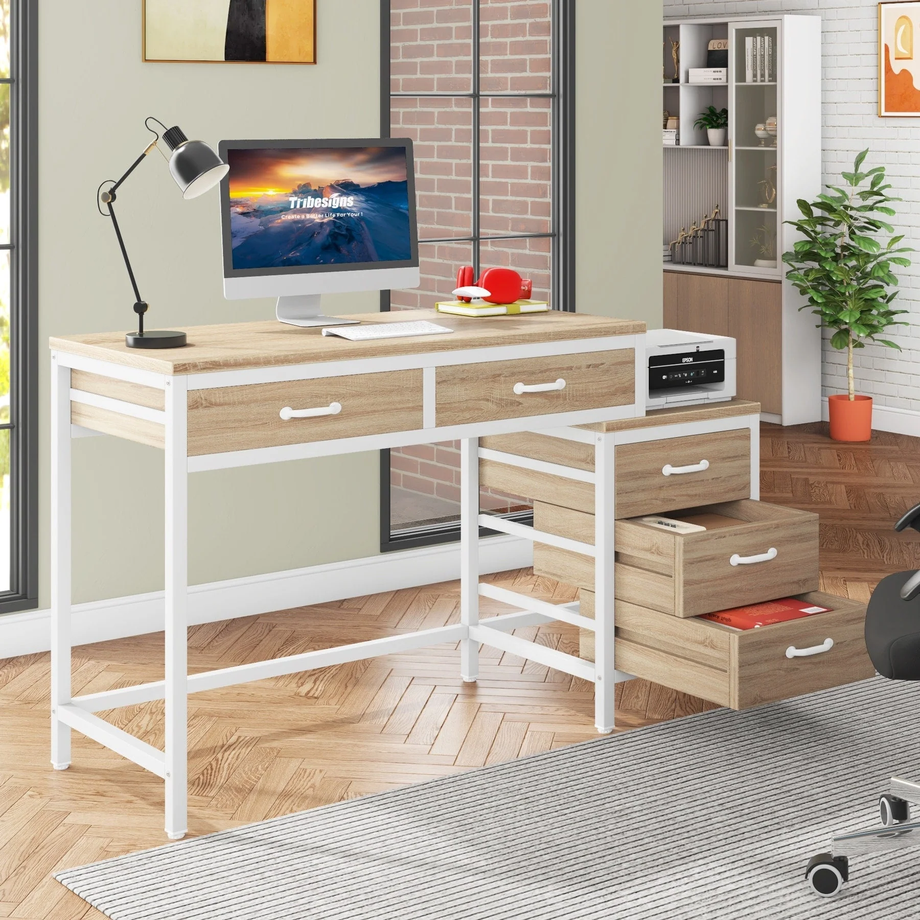 Reversible Computer Desk with 5 Drawers, Home Office Desk with File Cabinet Drawer Printer Stand