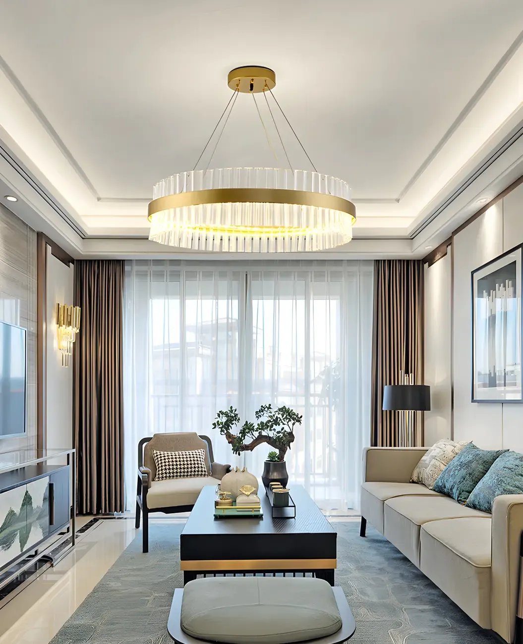 Modern Brass Round Crystal Island Chandelier
