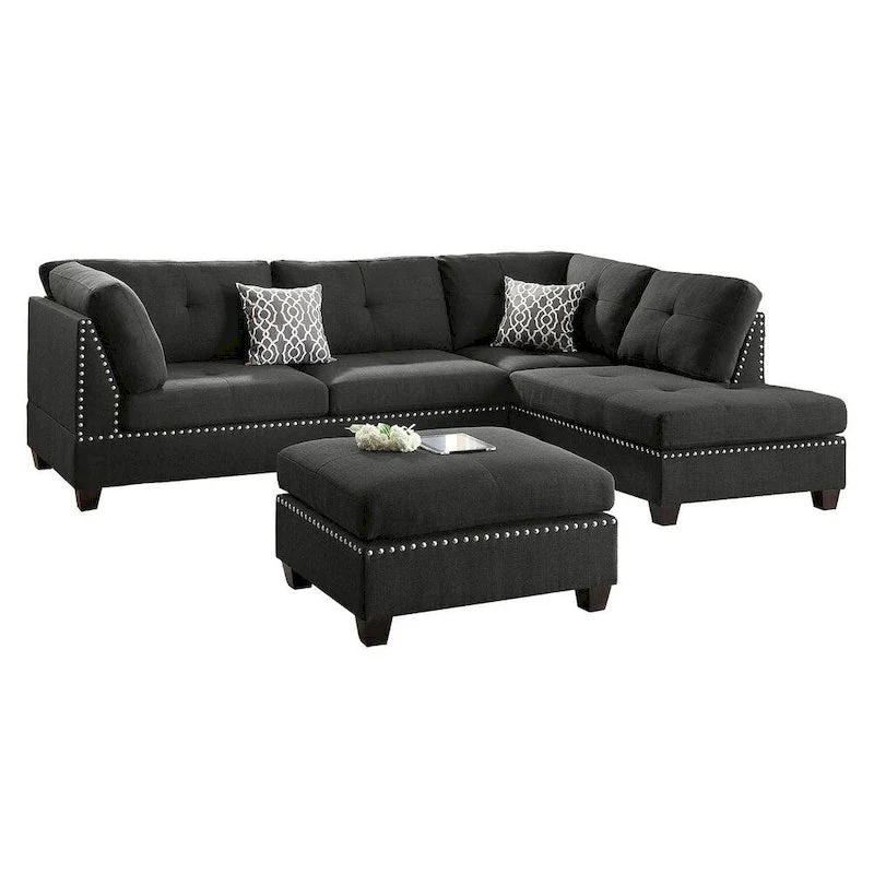 Bobkona Chaise Upholstered 3-piece Reversible Sectional Sofa Set