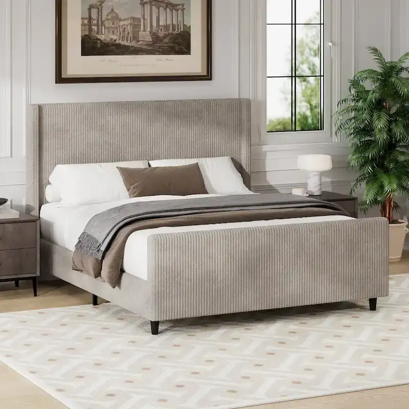 Queen Size Platform Bed Taupe Corduroy Fabric Wingback Bed