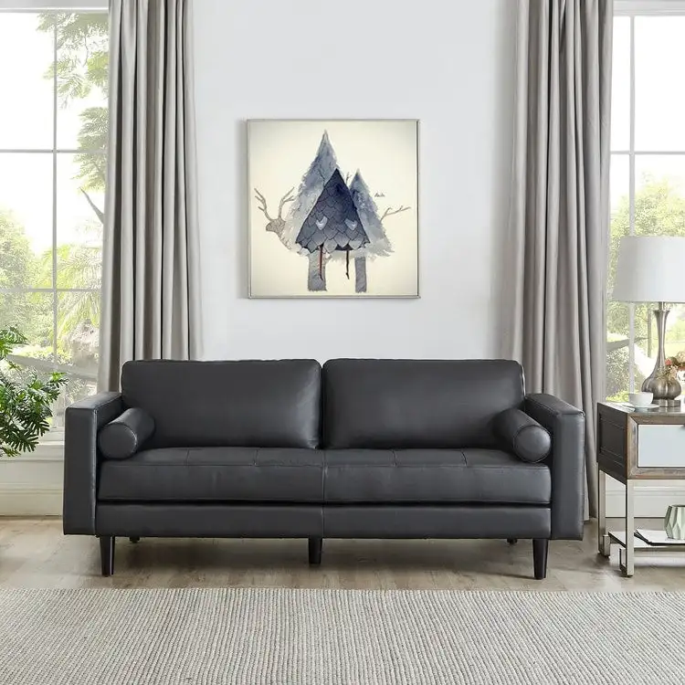 Modern Genuine Leather Sofa with Wooden Legs & Additional Bolster Pillow