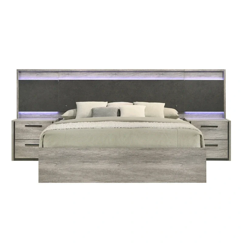Roundhill Furniture Lenca LED Wallbed with Nightstands - Weathered Gray