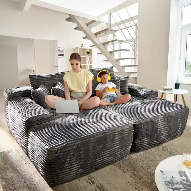 OVIOS Long Plush No Assembly Required Double Chaise Sofa