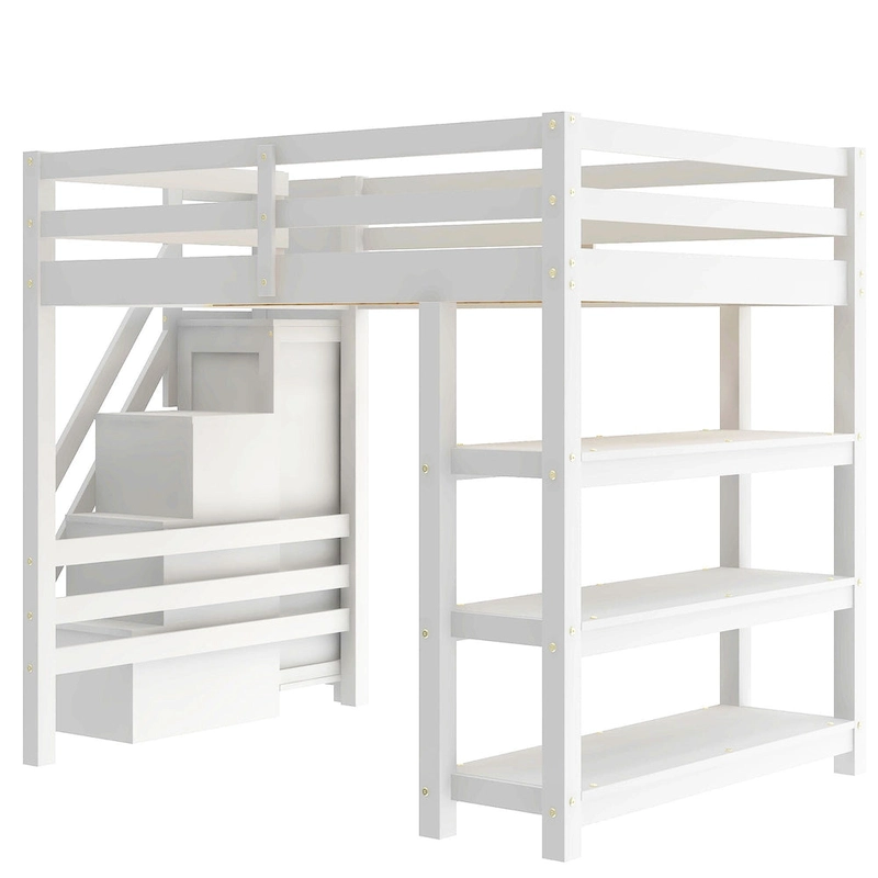 Modern Loft Bed with Shelves, Storage Staircase, Wardrobe & White LED Light