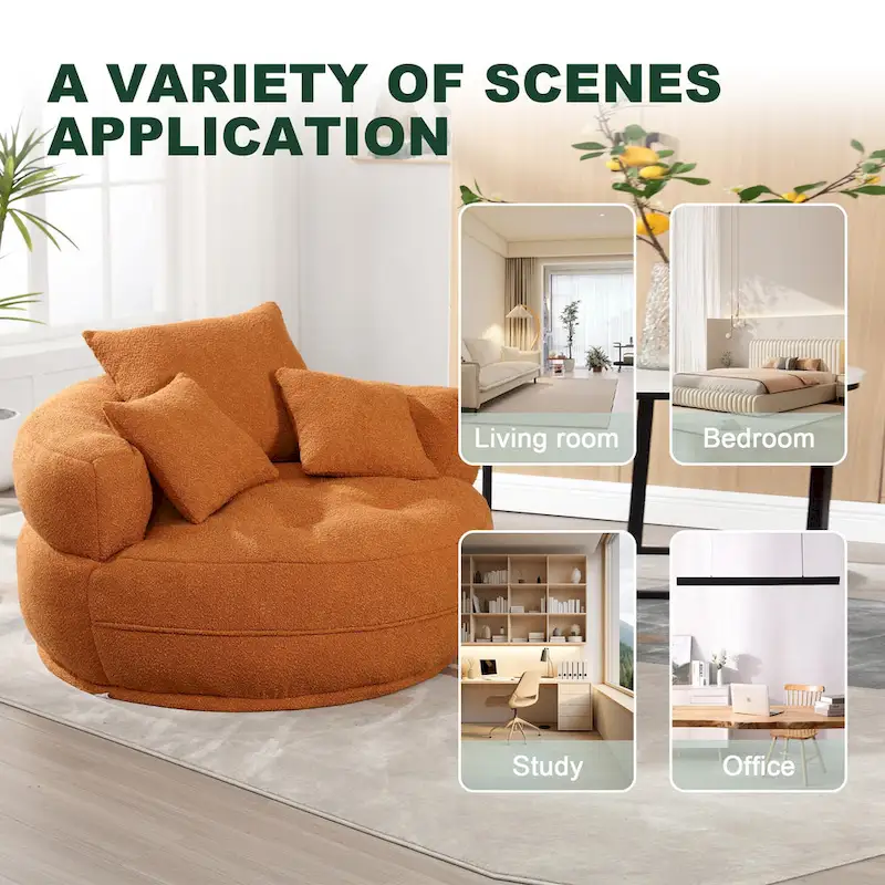 Boucle Upholstered Tufted Barrel Accent Living Room Chair With Toss Pillows