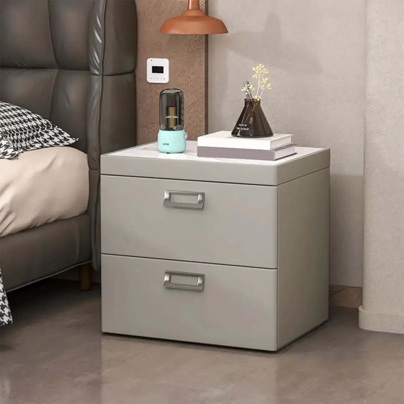 Modern Faux Leather 2 Drawers Nightstand with Stone Top