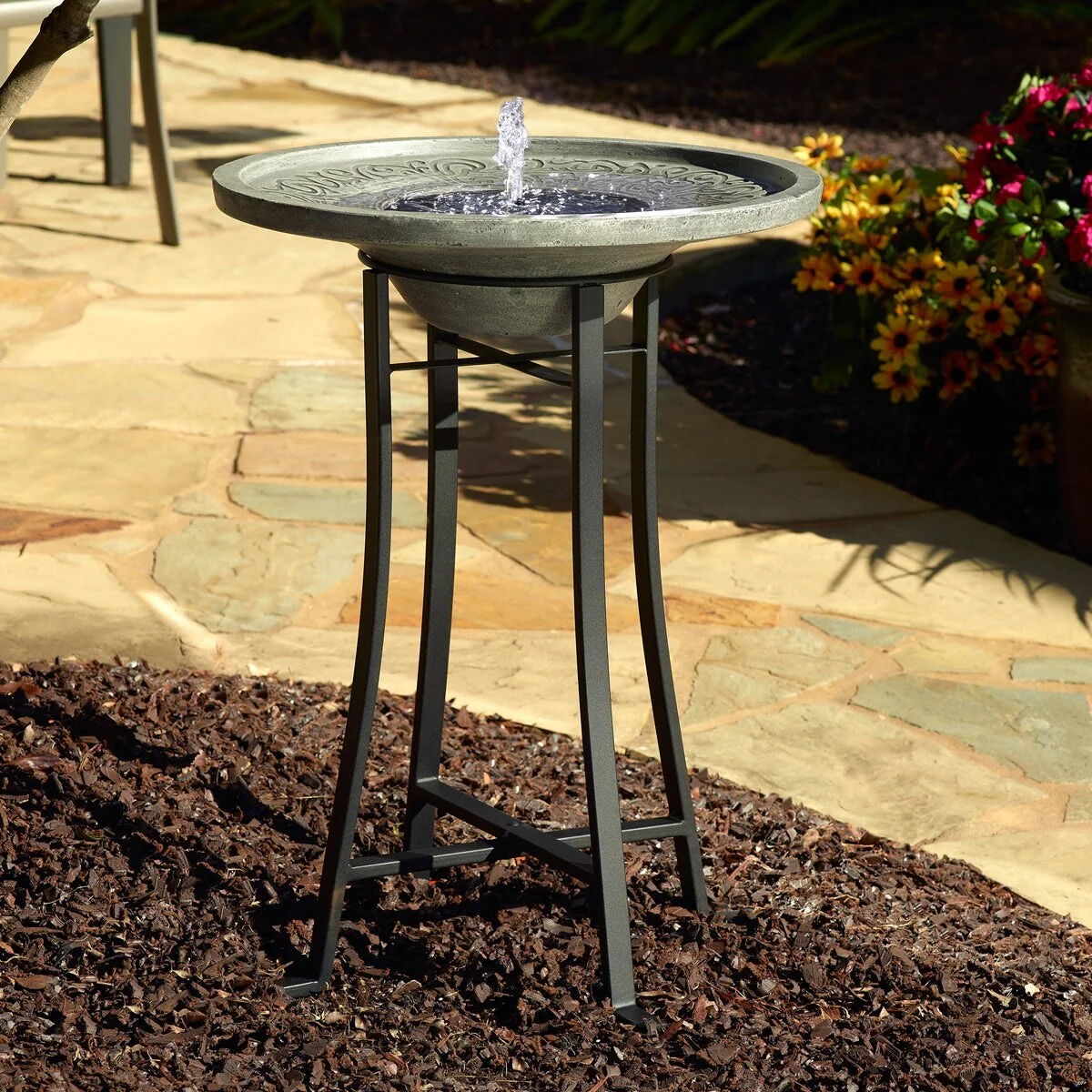 Perello intelliSOLAR Light Cement Birdbath with Remote - Distressed Grey