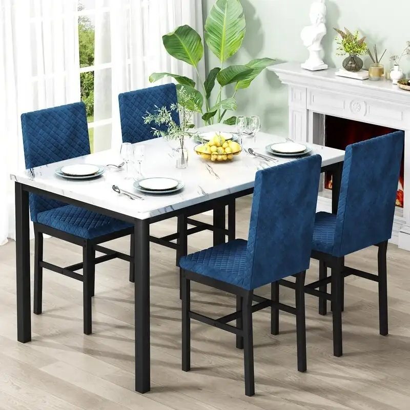 Grondin 5-Piece Dining Room Table Set with Faux Marble Table Top and Diamond Stitching Velvet Upholstery Dining Chairs