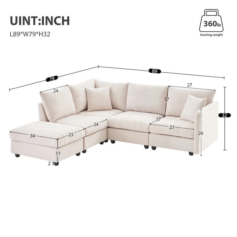 [VIDEO provided][New]89*79Modern Sectional Sofa with Vertical Stripes,2 Pillows,5-Seat Couch with Convertible Ottoman,Various C