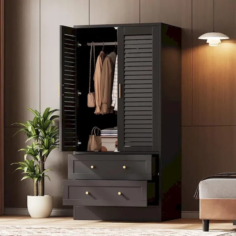 Tall Wardrobe Closet with 2 Shutter Doors, Hanging Rod and 2 Drawers