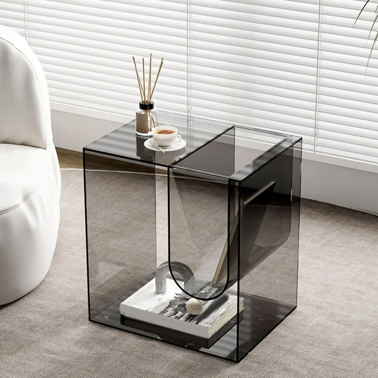 Stylish Gray Acrylic Side Table with Magazine Rack