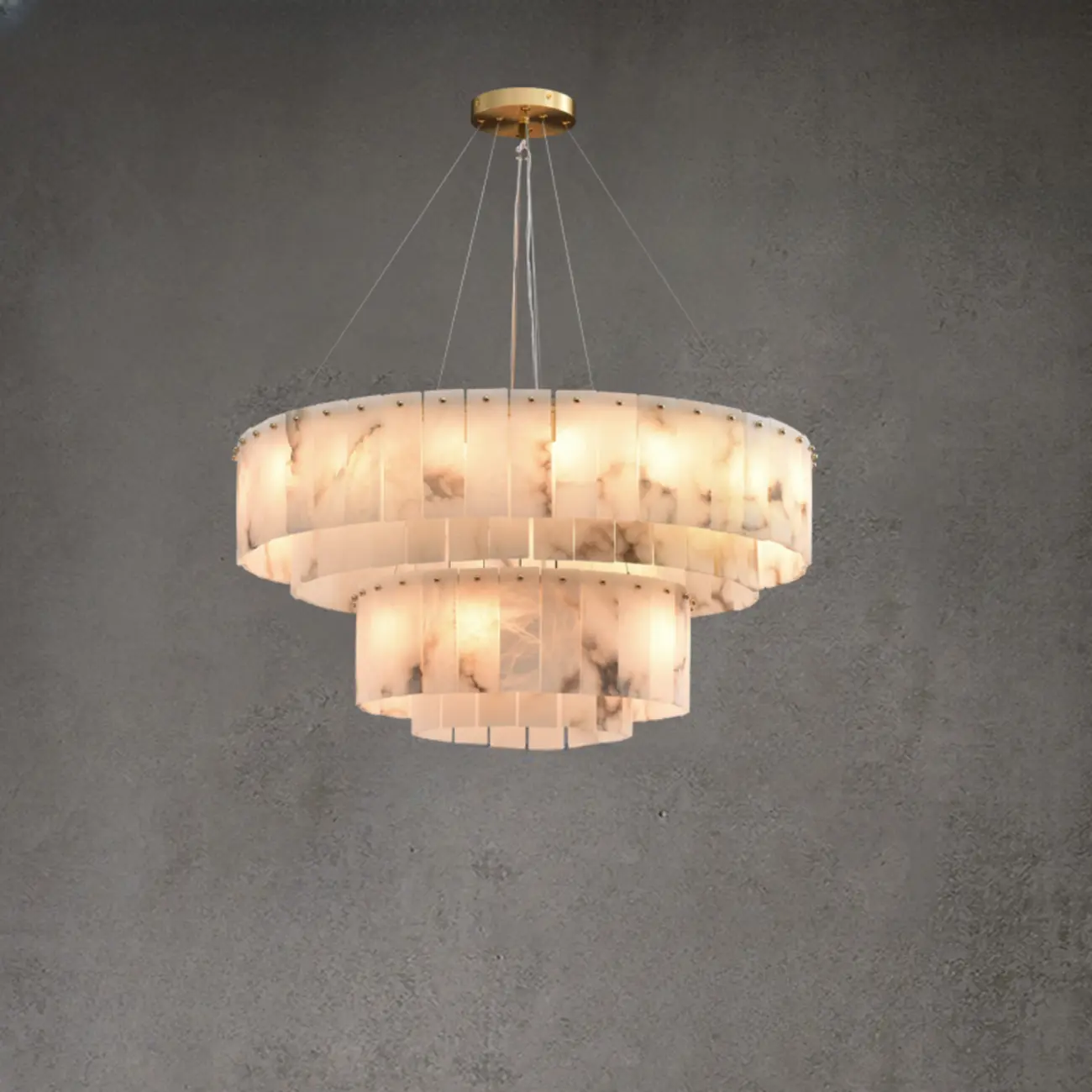 2-Tiers White Metal Circle Alabaster Drum Chandelier