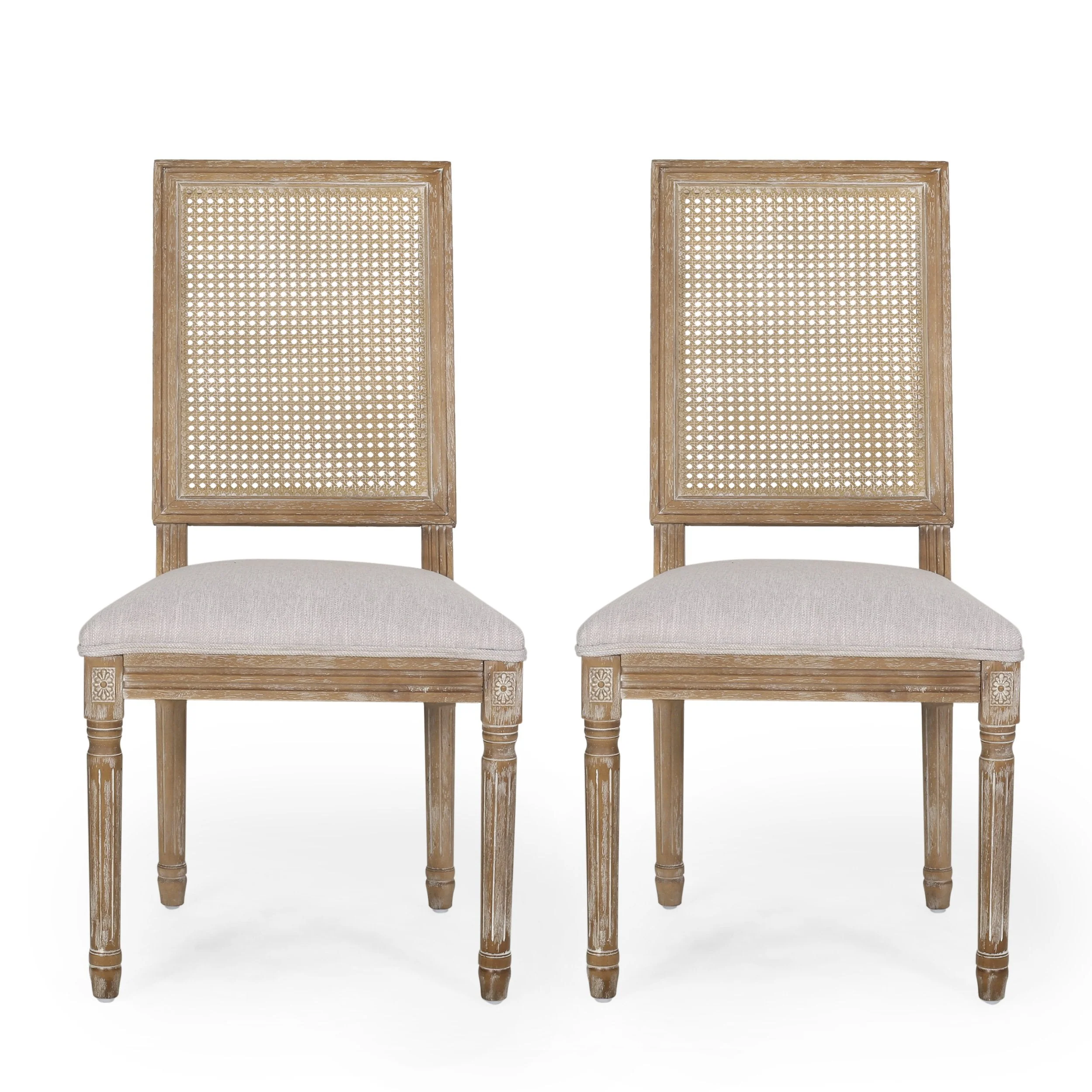 French Country Wood and Cane Upholstered Dining Chair, Set of 2 - NH784513