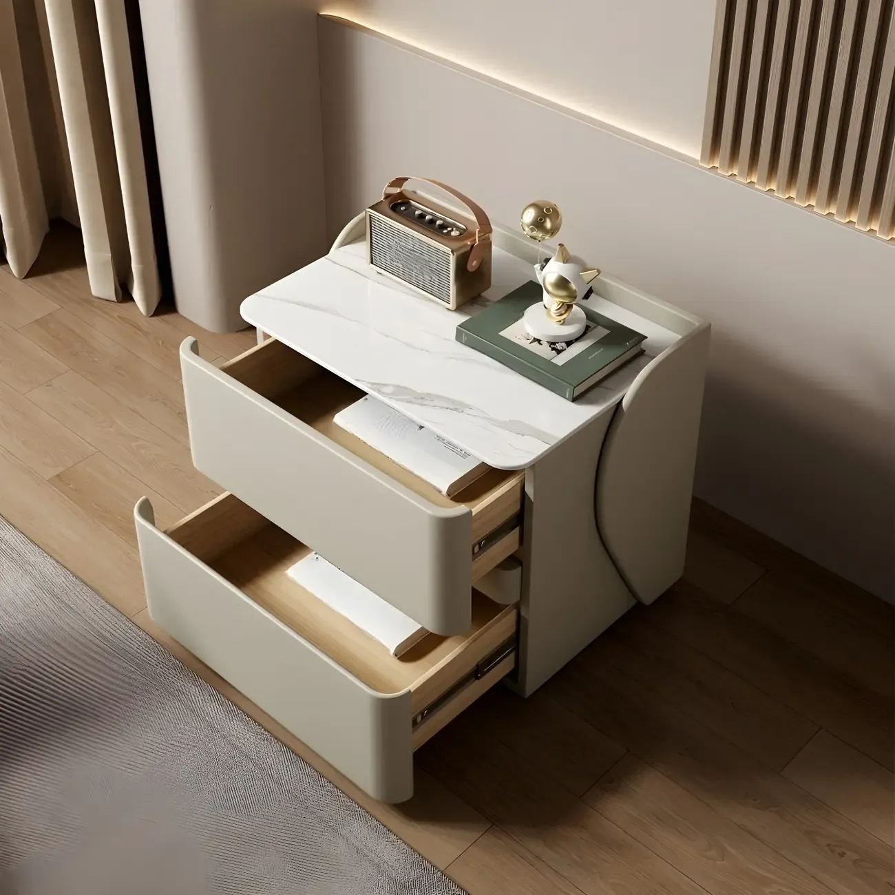 Modern Stone Top Leather Pine 2-Drawer Nightstand