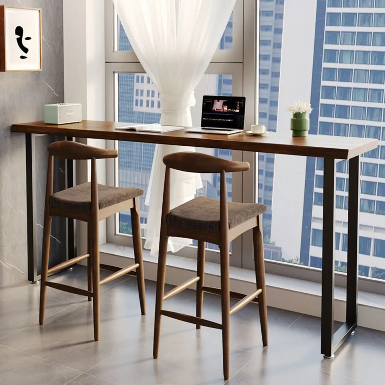 Modern Brown Wooden Top Rectangle Bar Table Metal Base