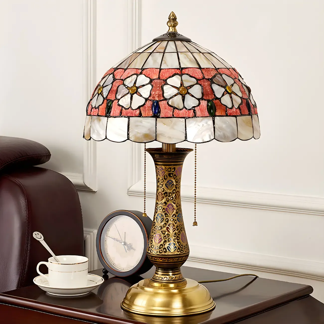 Antique Brass 2-Light Stained Glass Dome-Shape Table Lamp