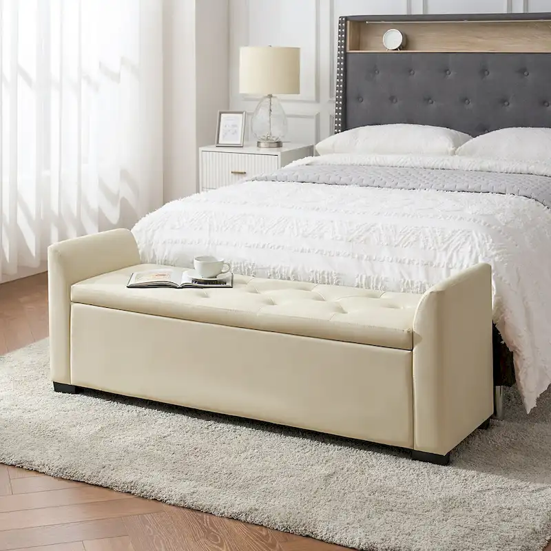 Tufted Storage Bench with Flared Arms, 57.75