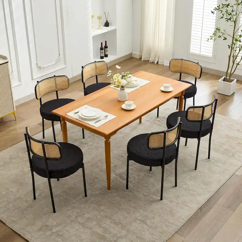 XINMICS Mid-Century Modern Dining Chairs, Boucle Upholstered Metal Side Chair with Rattan Cane Back, Set of 2 - set of 2