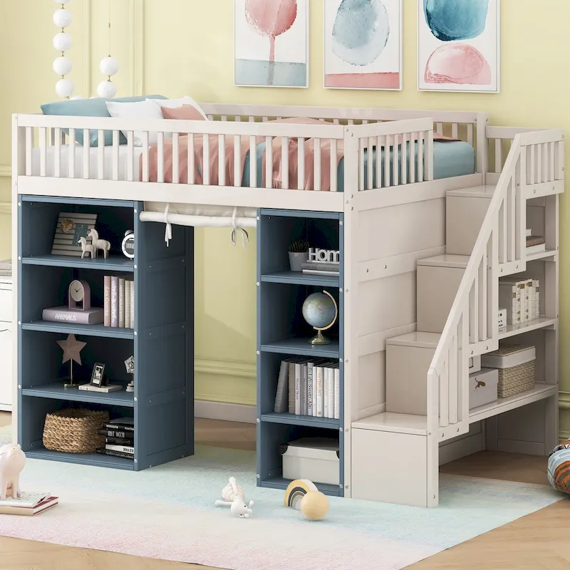 White Full Size Solid Wood Loft Bed with 2 Storage Cabinets and Curtain