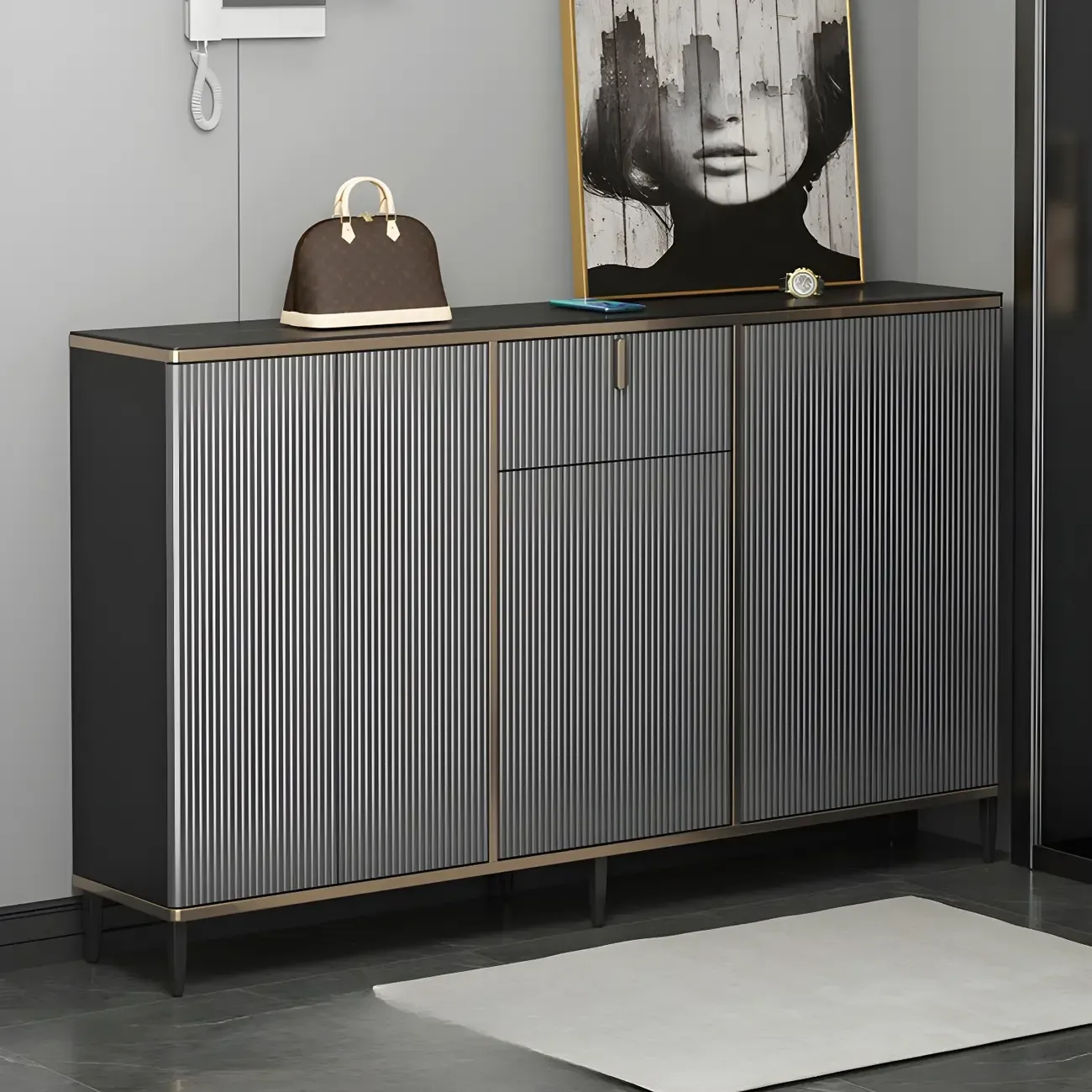 Large Entryway Shoe Cabinet Gray Textured Door Metal Legs