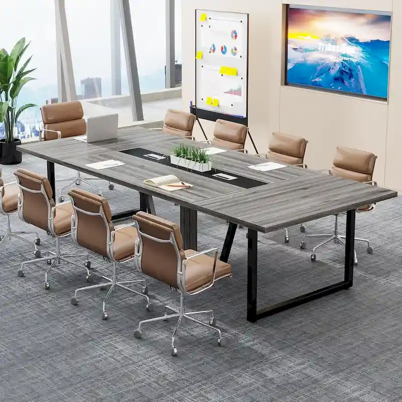 Large Rectangular Conference Table with Cable Management – Brown / Grey, Seats 8–10