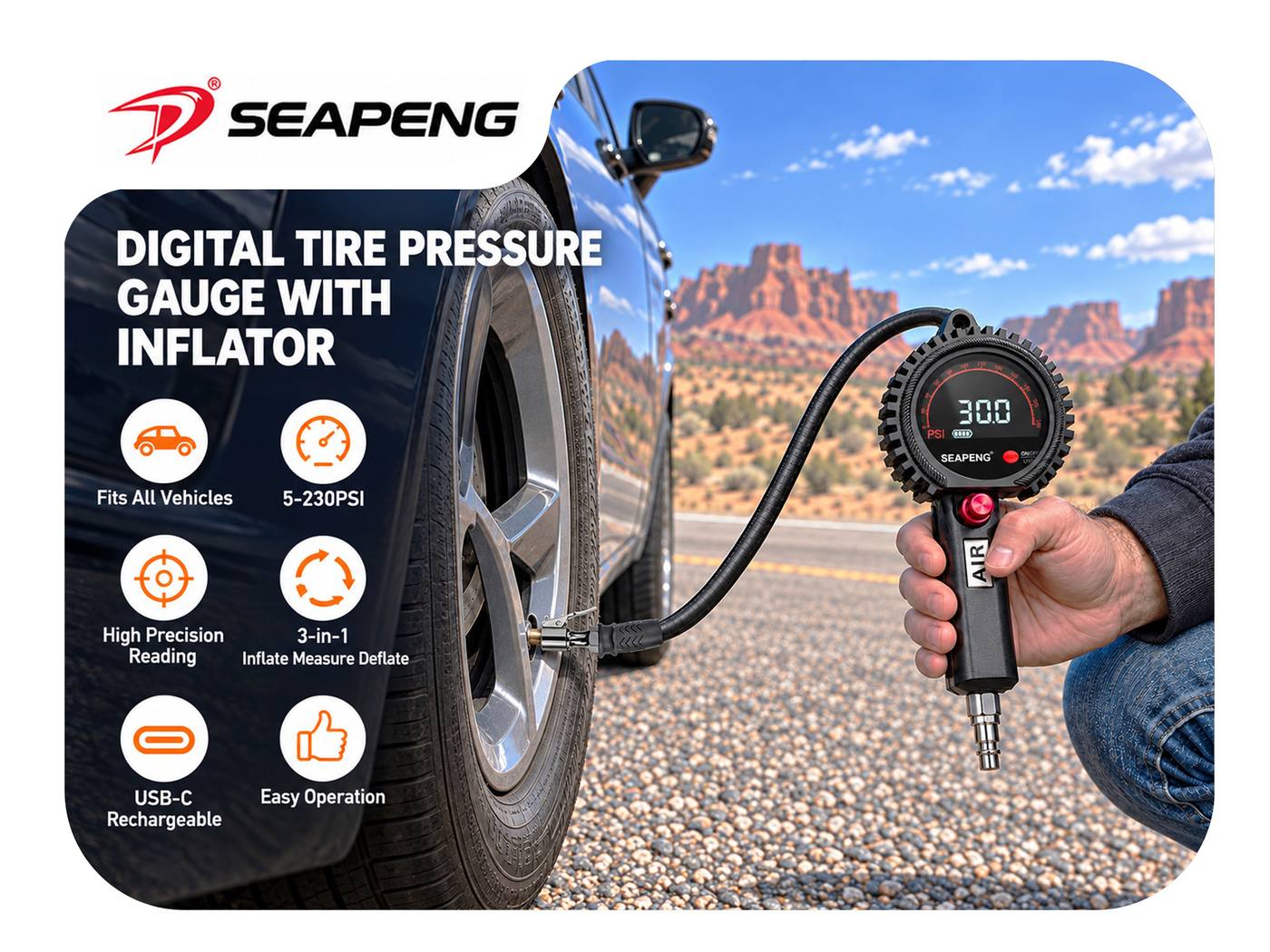 SEAPENG TB-801 rechargeable 3-in-1 digital tire inflator gauge
