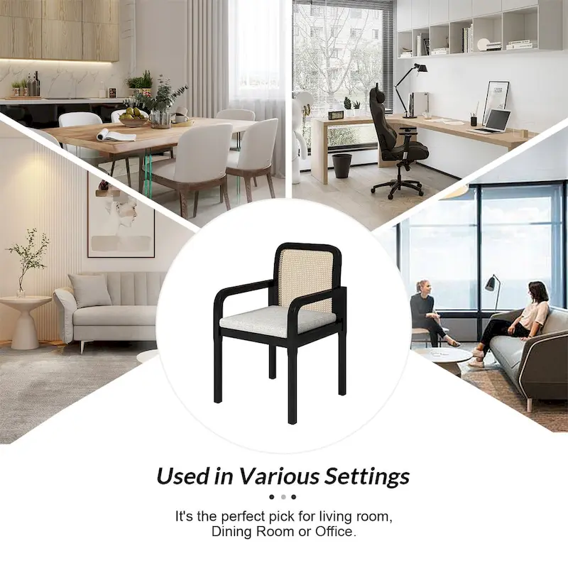 Modern Rattan Back Dining Chair with Removable Cushion - Rubber Wood Frame, Linen Upholstery