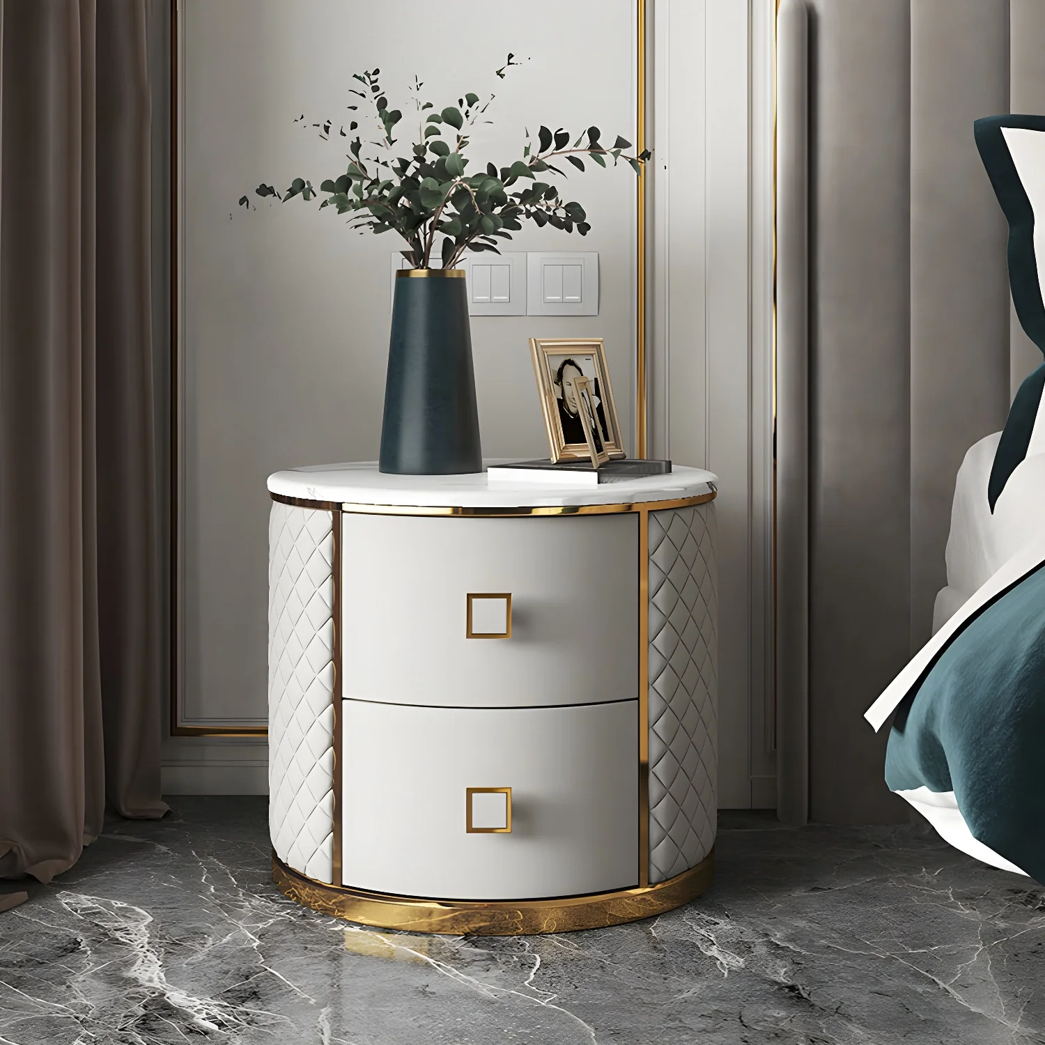 Glam Round Leather Nightstand with Marble Countertop 2 Drawers