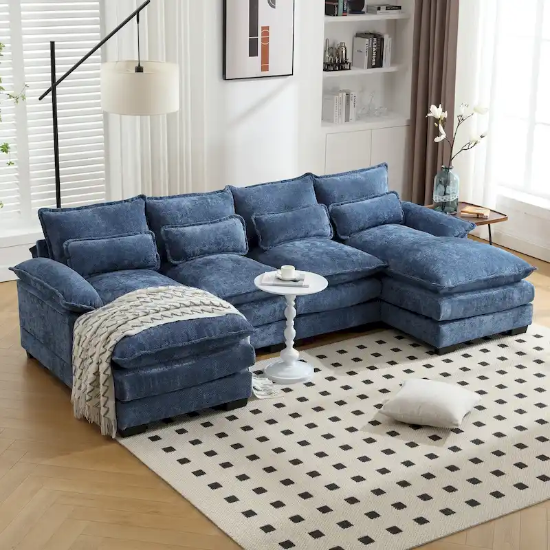Chenille Upholstered U-Shaped Living Room Sectional Sofa With Wooden Legs