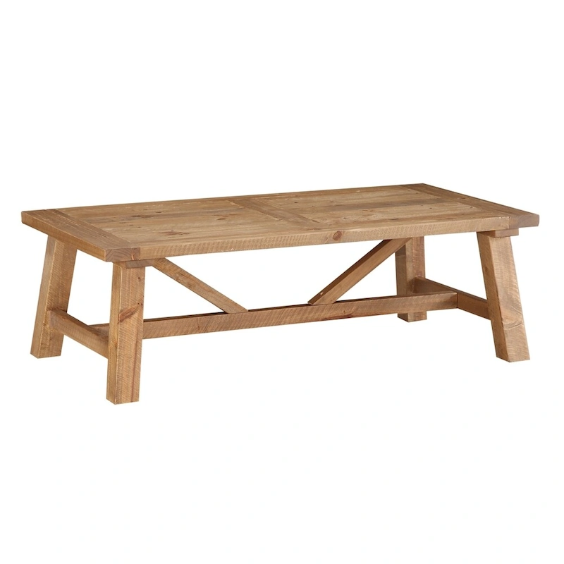 Pine Wood Coffee Table with Trestle Reinforced Sawhorse Base, Brown