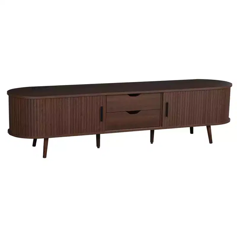 Homy Casa 70 Mid-Century Modern TV Stand with Tambour Doors, Drawers and Built-In Power Outlet for 80 TV, Walnut