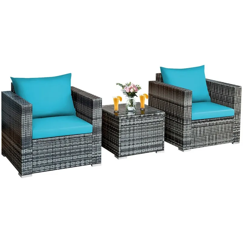 3 Pieces Patio Rattan Furniture Bistro Sofa Set with Cushioned - 28.5 (L) x 27.5 (W) x 27 (H)