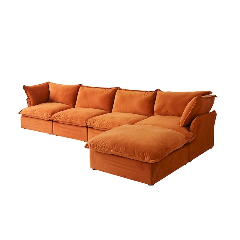 Cloud Sectional Sofa, 5-Seater Down Feather Modular Sofa L-shaped Velvet Wide Deep Seat Convertible Couch.