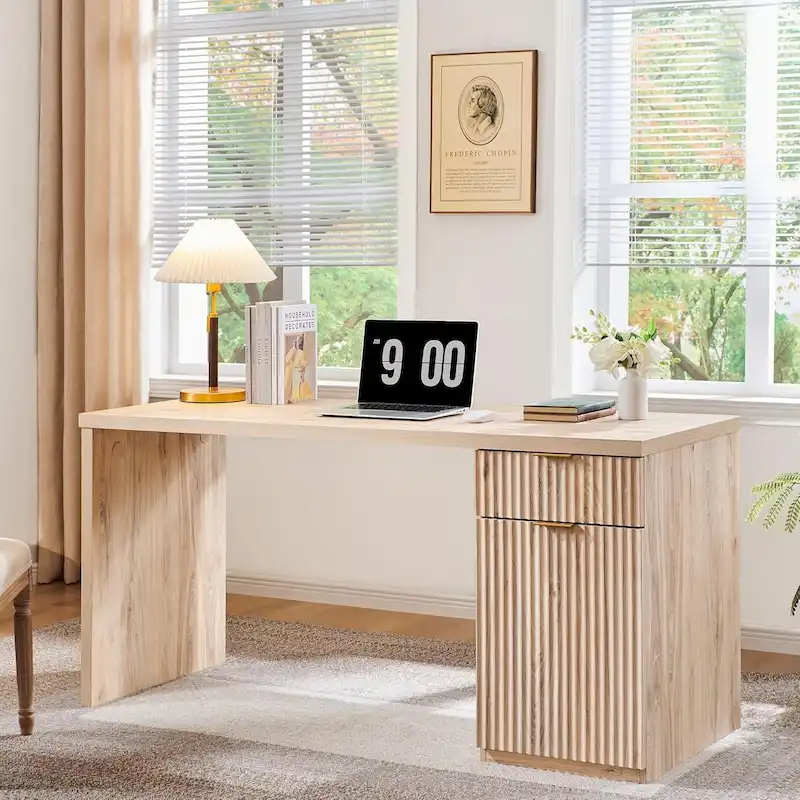 60  Modern Executive Desk, Wood Home Office Desk, Fluted Computer Desk