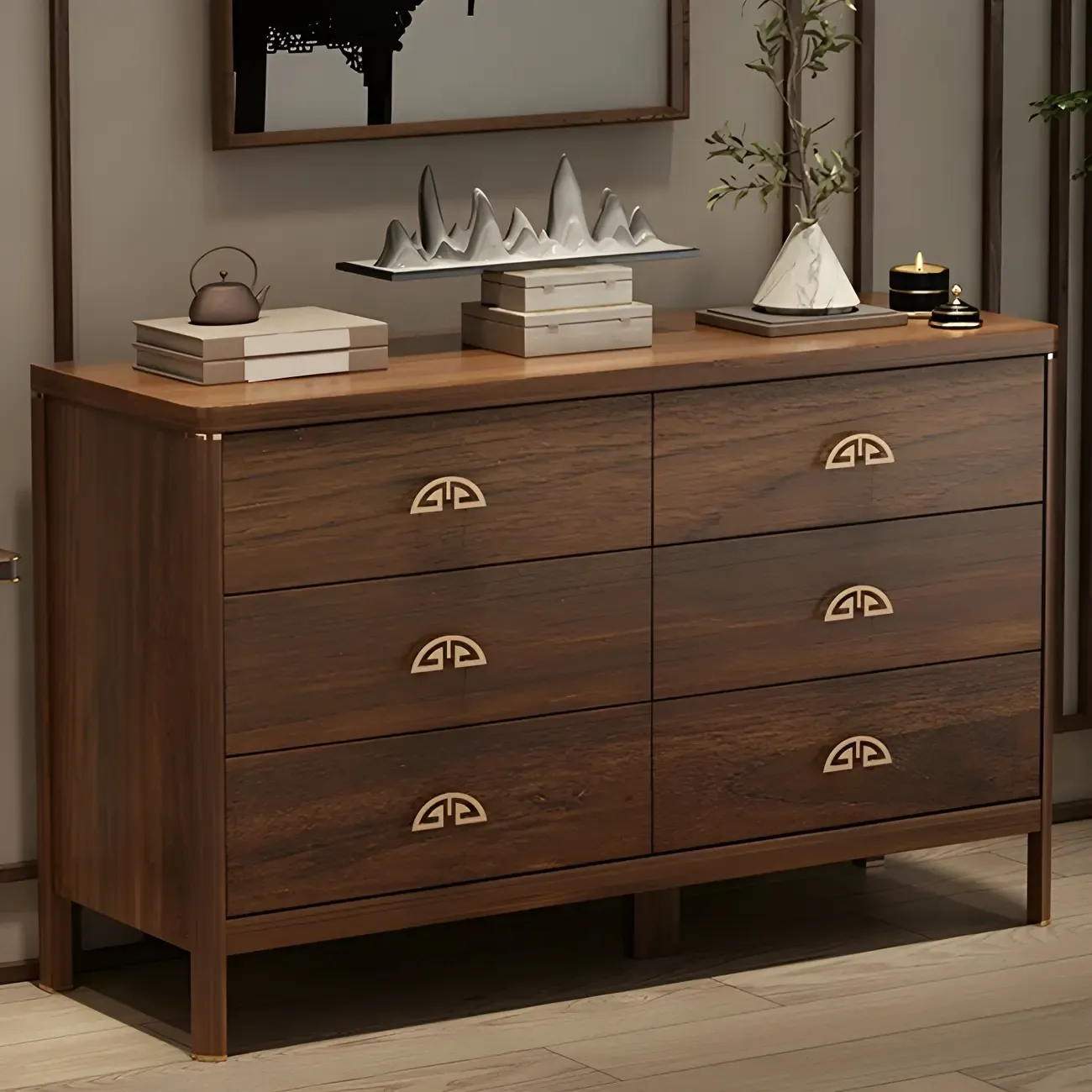 Traditional Brown Wooden Double Dresser with Soft Close Drawers