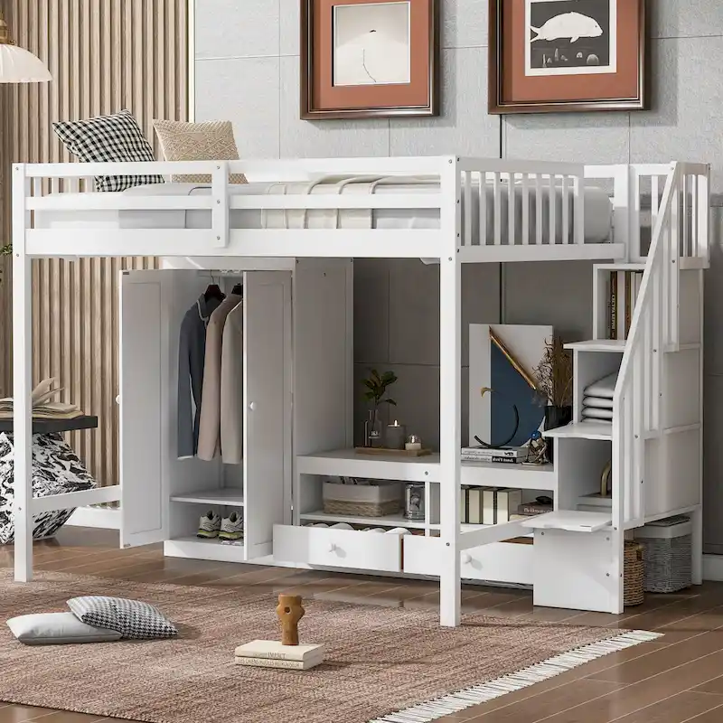 Full Size Solid Wood Loft Bed with Wardrobe, Low Storage Table, and Staircase