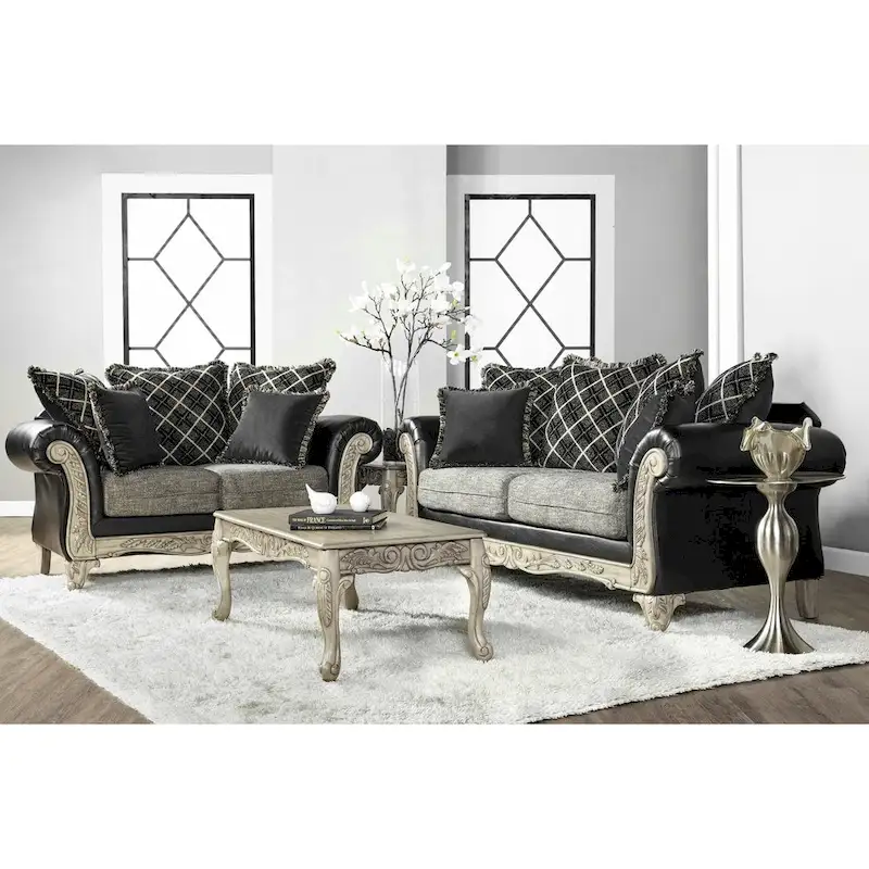 Roundhill Furniture San Marino 2-Tone Fabric Wooden Frame Sofa and Loveseat with 3 Tables Set in Ebony
