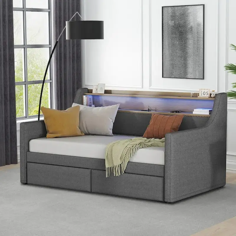 Modern Stylish Twin Size Upholstered Storage Daybed with Nailhead Trim