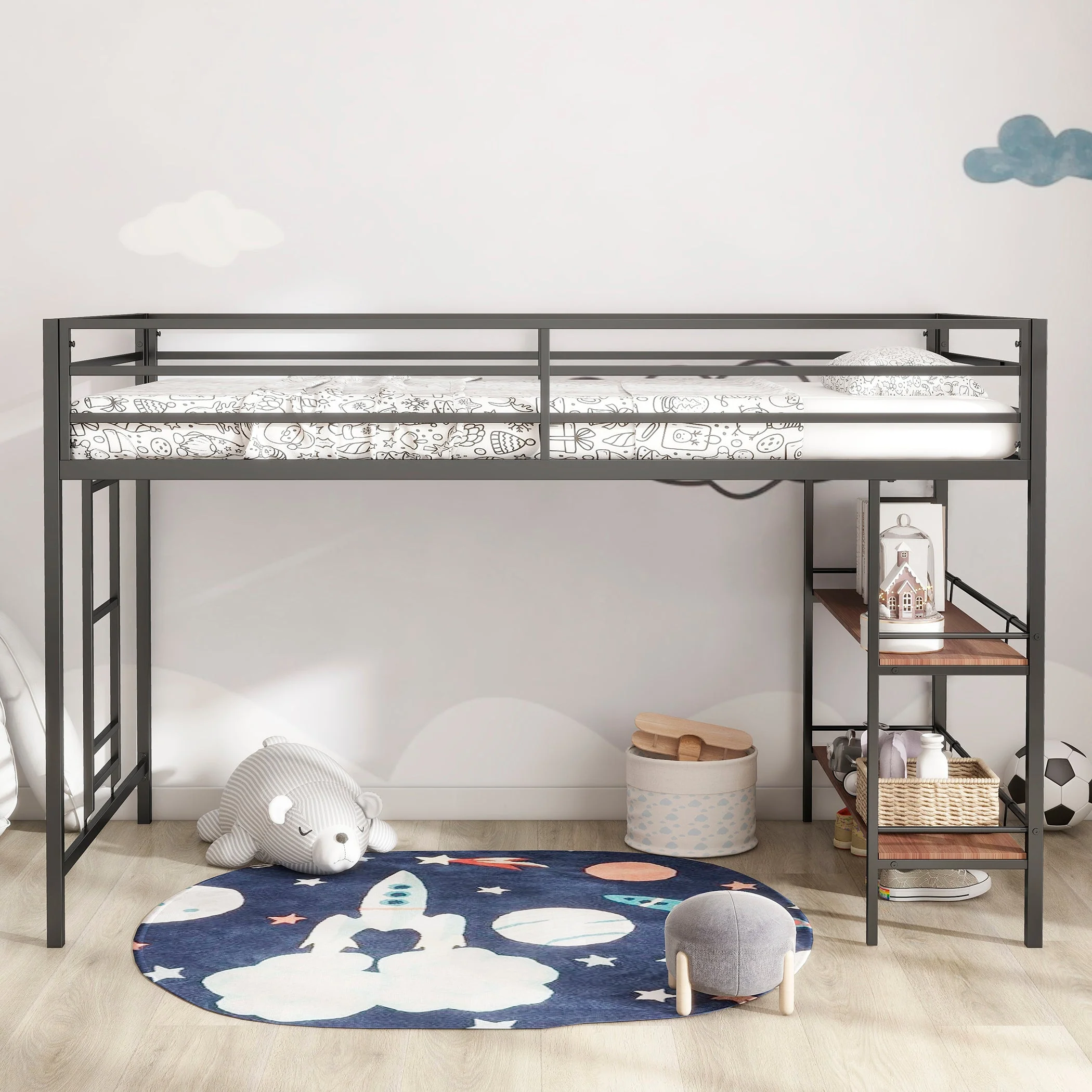 Walker Edison | Sturdy Junior Twin Loft Bunk Bed black with Wood Shelf