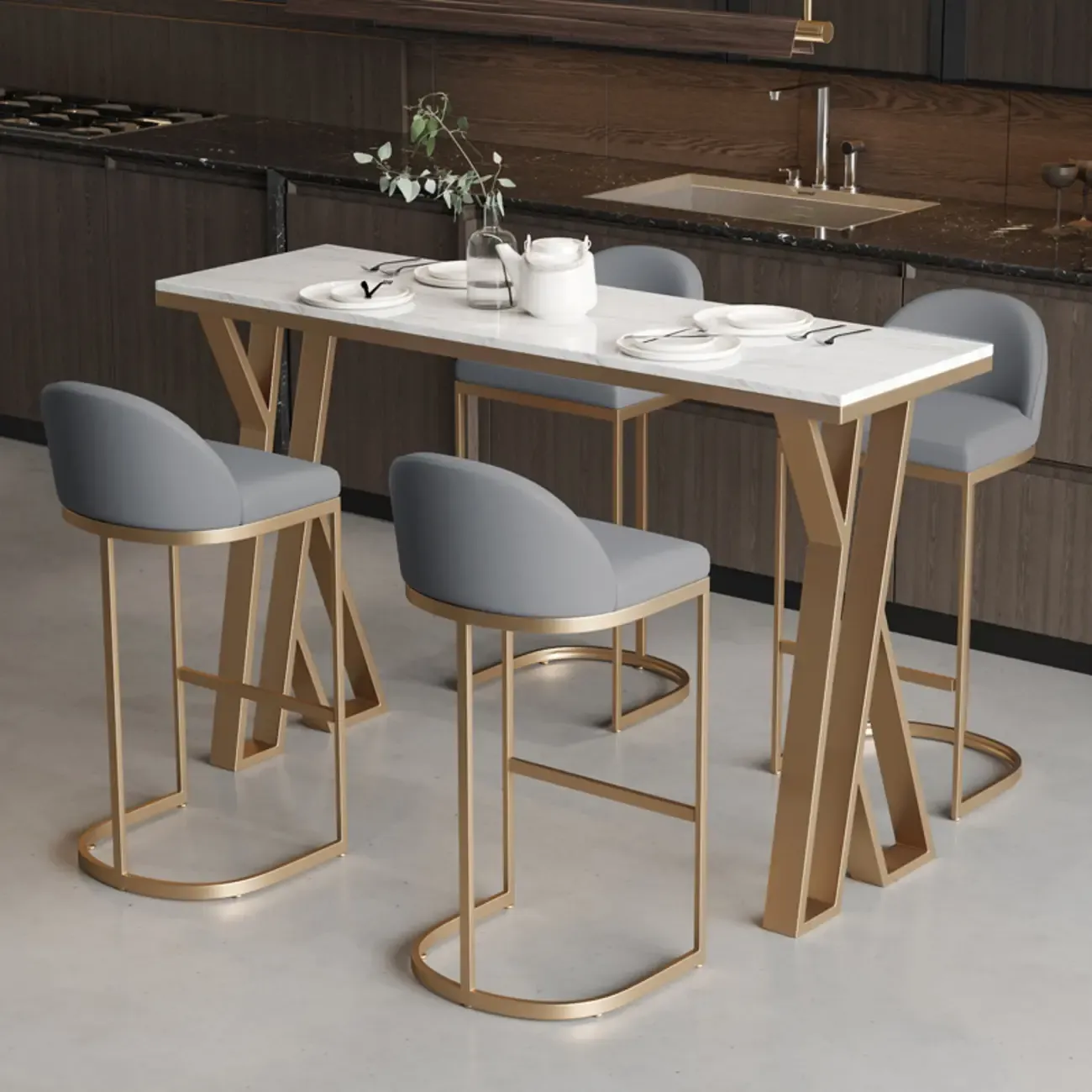 Glam Gold Metal Bar Tables with Faux Marble Top