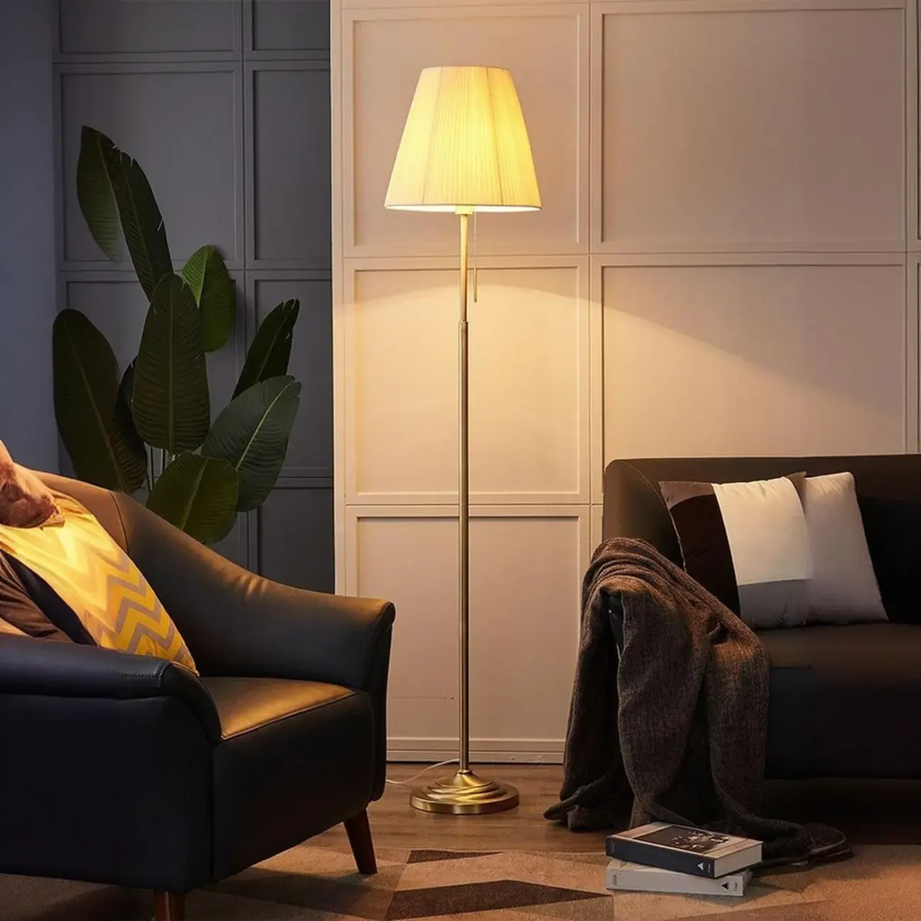 Modern Floor Lamp with Beige Fabric Lamp Shade for Living Room