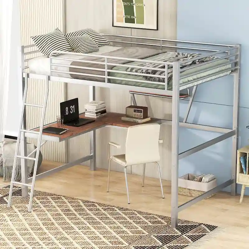 Metal Loft Bed with Integrated Desk, Shelf, and Full-Length Guardrail