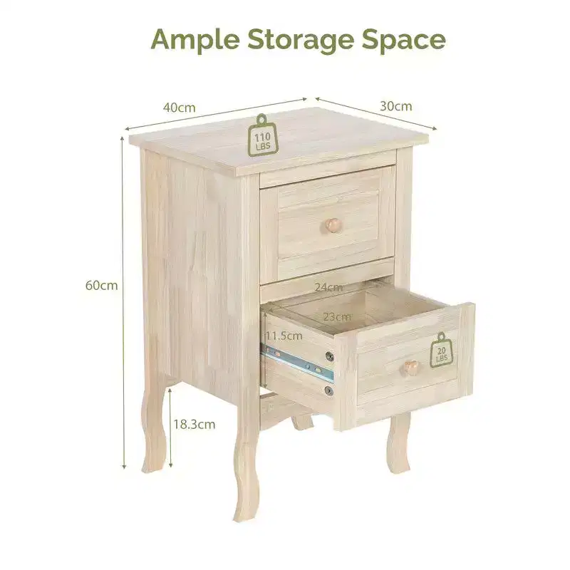 Beige 2-Drawer Rubberwood Nightstand